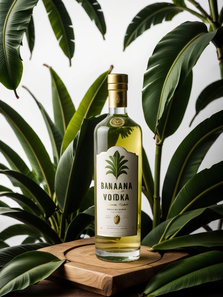 Packaging and branding for a banana vodka brand as if it had been designed by HI ESTUDIO with In a set design with banana, banana leaves.