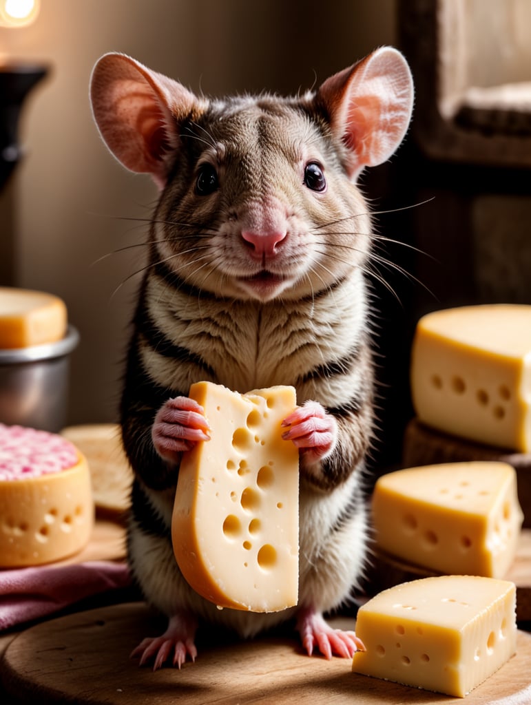 cute pink rat holding a cheese