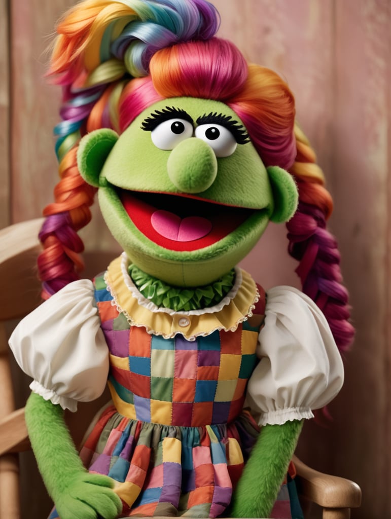 female teenage muppet with rainbow hair and wearing a multi-colored patchwork dress. Full body