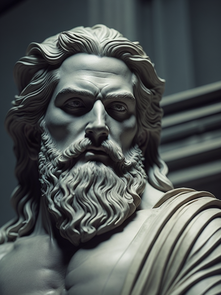 dark marble statue of zeus, dark atmosphere, sharp on details, tee shirt white