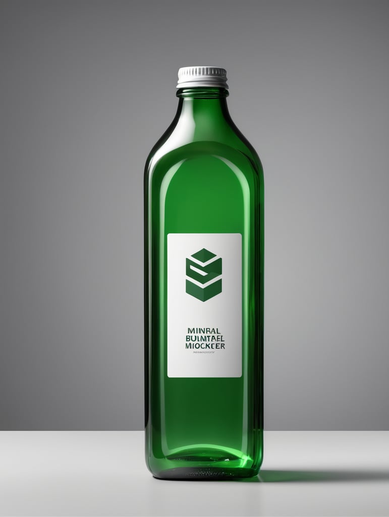 square Green glass bottle with mineral water mockup, no label, isolated, grey background