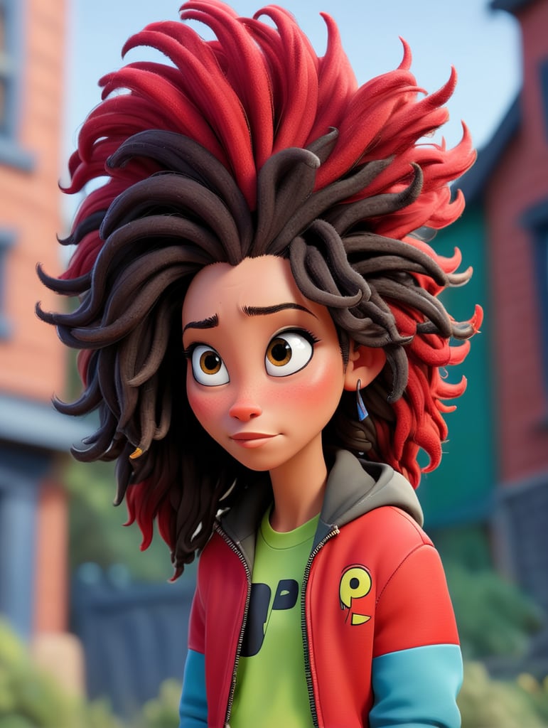 a (((women))) with dreadlocks on his head is wearing a colored jersey and a red bomber jacket