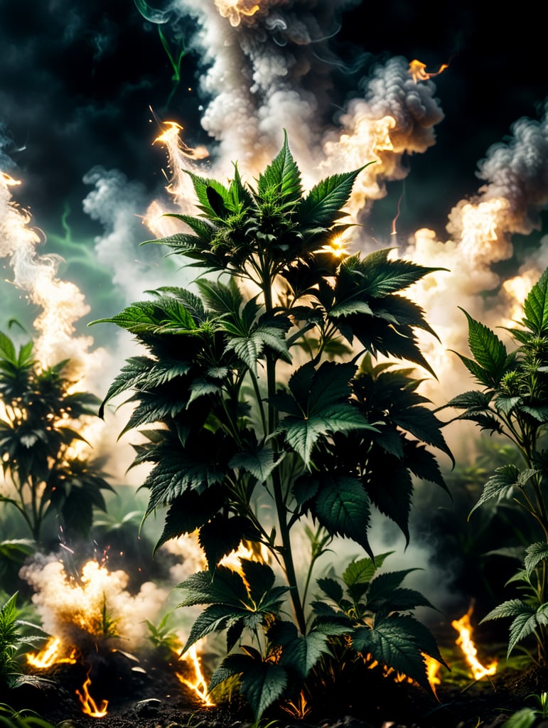 marijuana plants and field exploding weed leaves floating in the green black ground, smoke 4k photo-realistic
