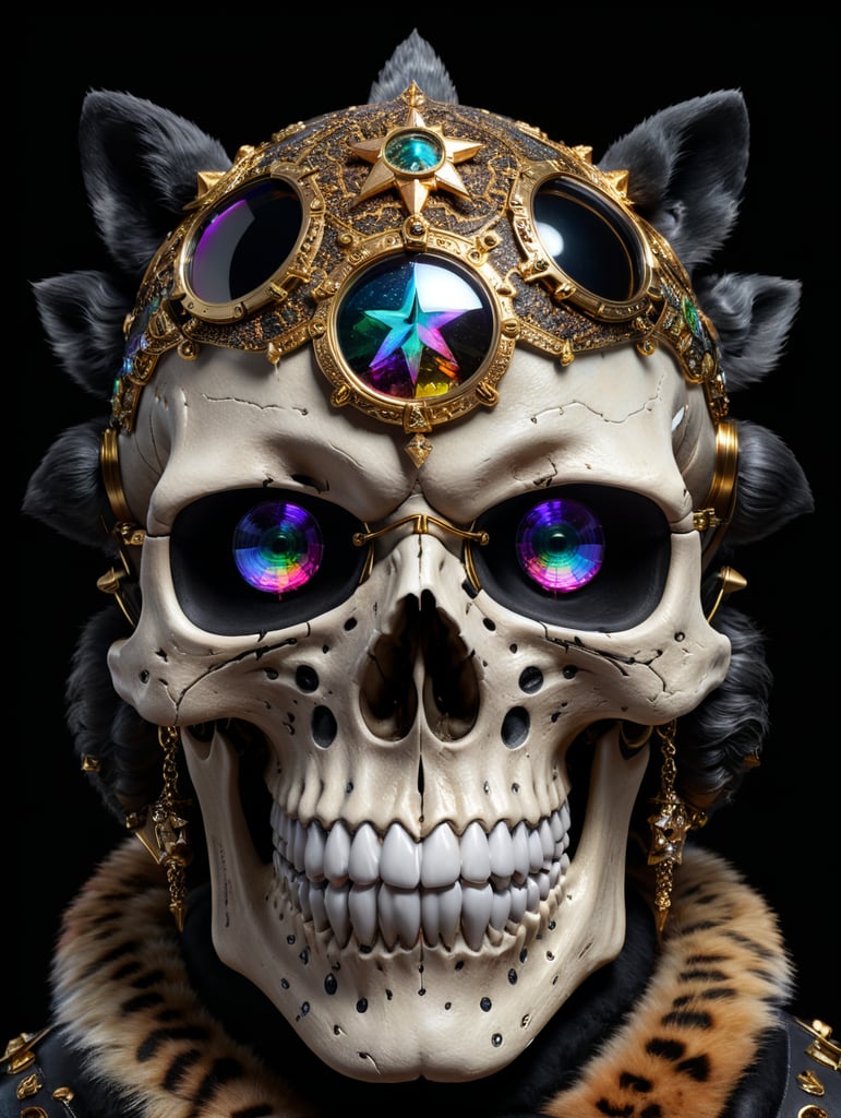 a skull in the middle of a black background made of holographic material with star-shaped glasses and leopard-fur lenses