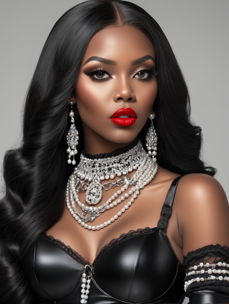 Real baddie black beauty with red lipstick and pearls chain in her mouth,with black silk gloves with Brazilian long hair