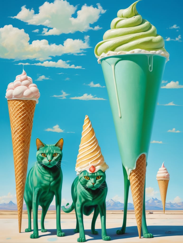 Green cats with very long thin legs. Houses the back of the cats and ice cream cones Painted in the style of Salvador Dali. Blue sky.