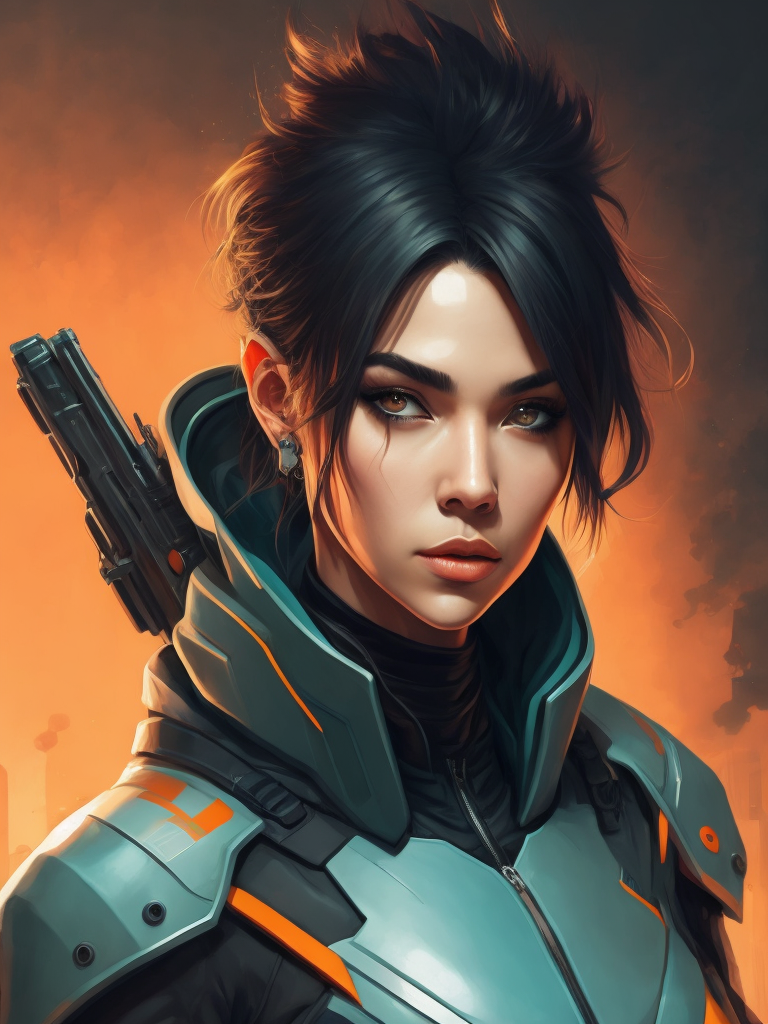 a woman in a futuristic suit holding a gun in her hand, looking at the camera, cyberpunk art, neo-figurative, anime