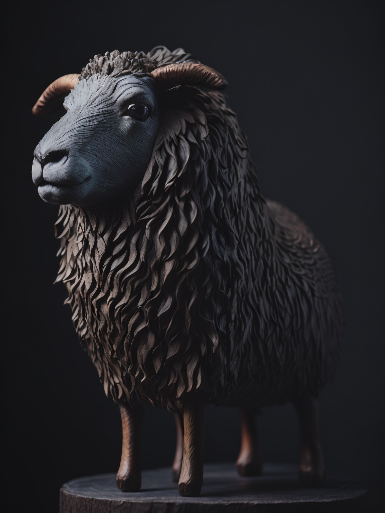 a wood carved sheep, deep carved details, black wood, deep atmosphere