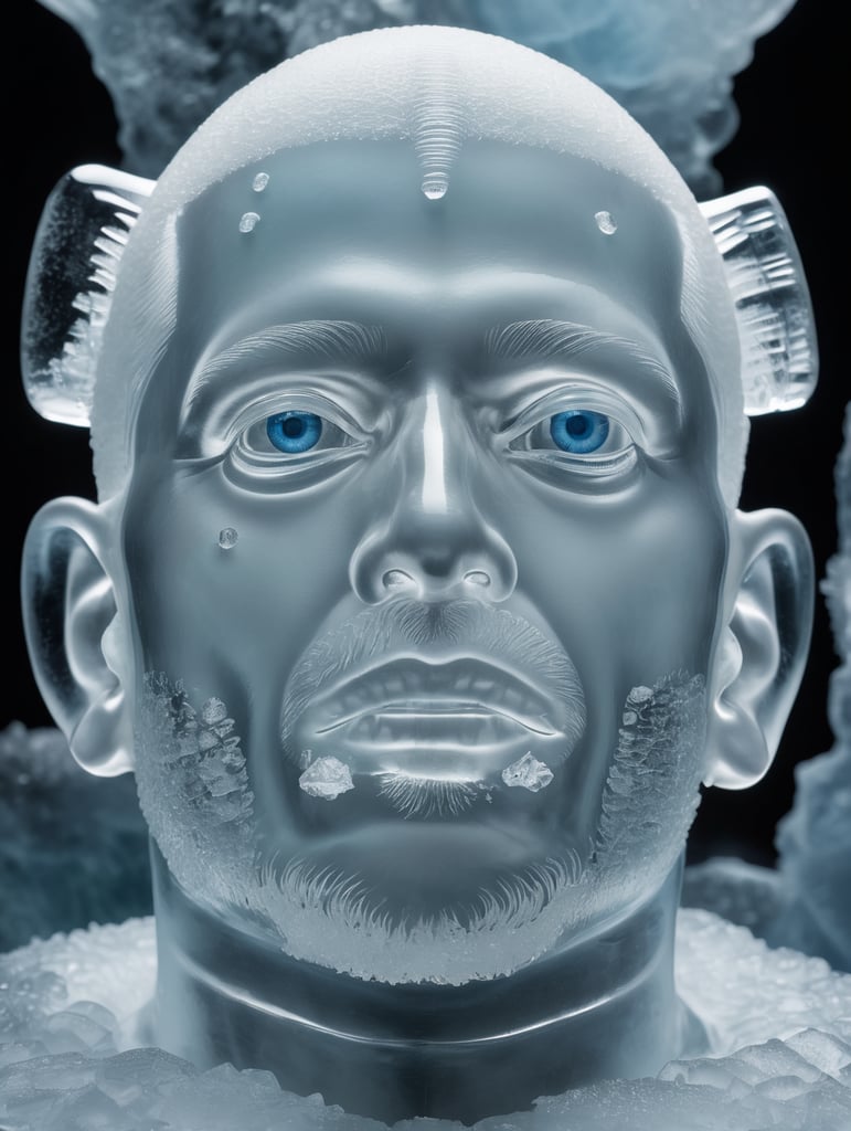 Portrait of a Translucent man made from the ice, organs are visible through the ice