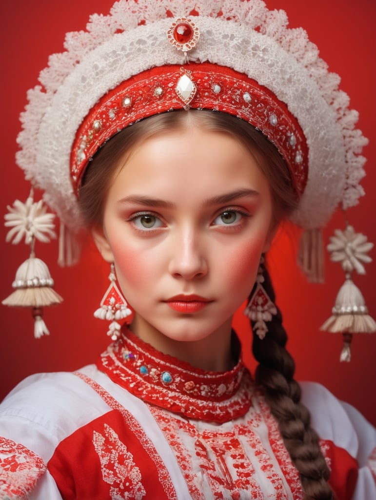 a Ukrainian girl in a national costume on a red background, a reflection of red light on her face, a white mountain