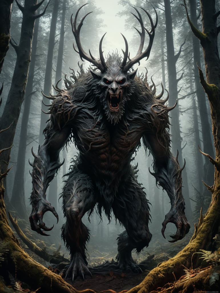 Horror movie creature, wendigo, dark forest background