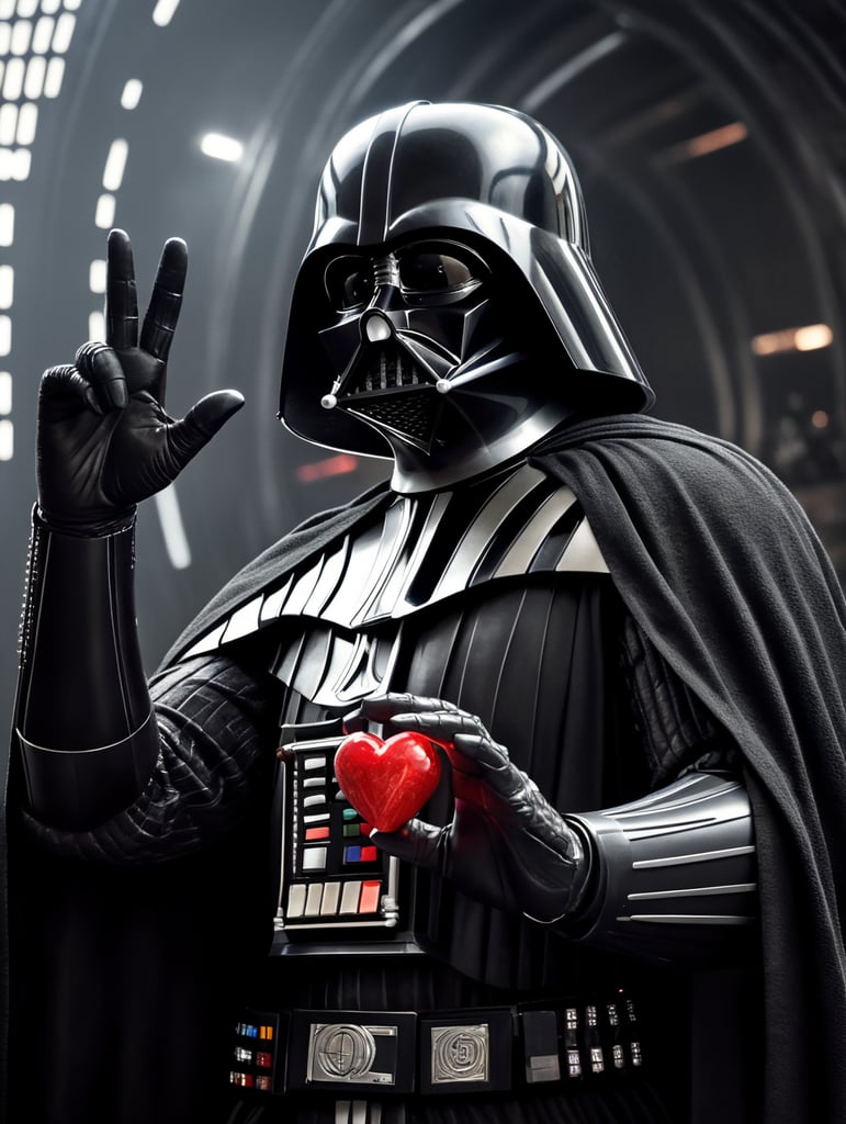 Darth Vader making a gesture hand heart forms a heart shape using their fingers to the Death Star, camera capturing him from his back