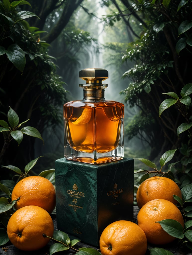 professional photography of a luxury perfume, orange fruits around, orange forest, green satin scarf, no label, clear, mockup