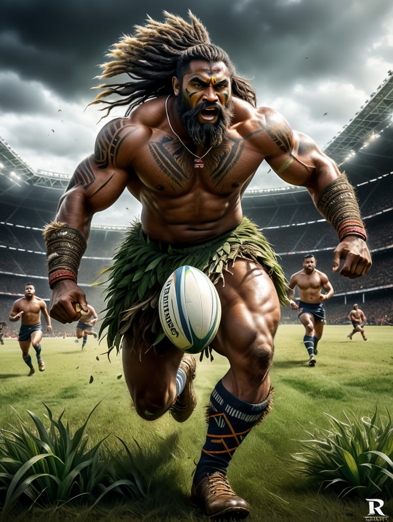 A Fijian warrior with long hair dressed in grass skirts wearing rugby boots with long socks,running with a rugby ball in his hand, scoring a try🏉