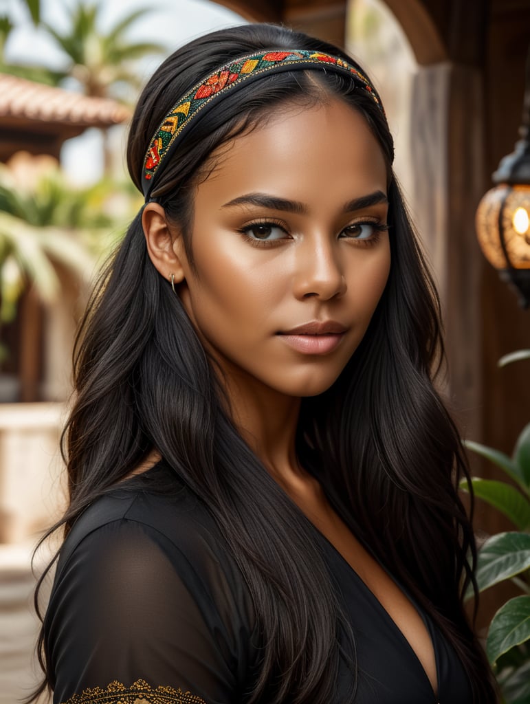 Uma imagem hiper-realista e altamente detalhada de uma linda garota negra com cabelos pretos, longos e lisos usando uma faixa preta em um ambiente mexicano. ela usa calça preta