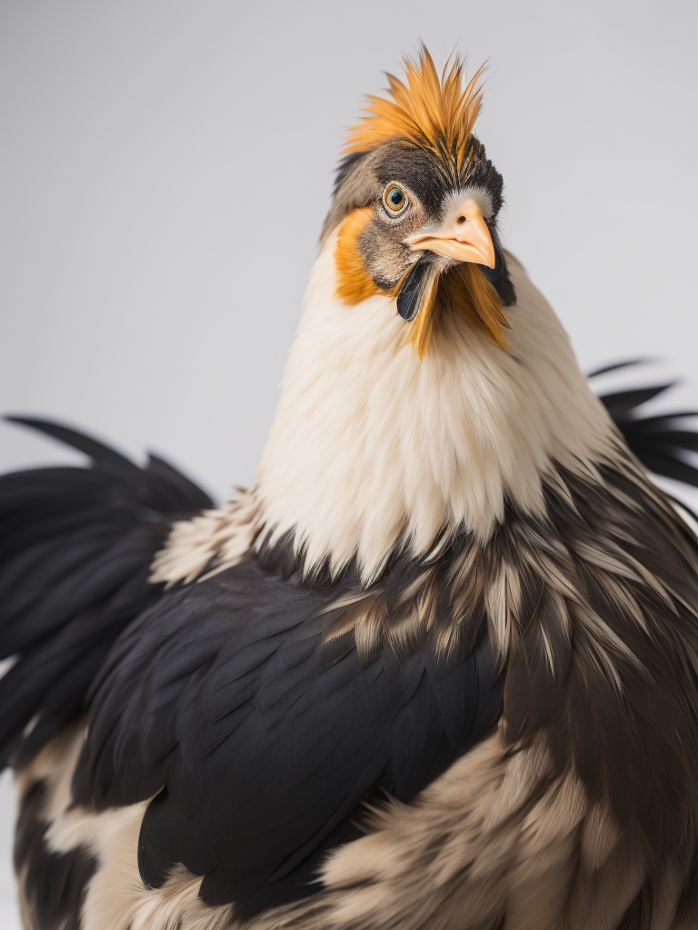 silkie bantam ( chicken) feeding on small amount grain. white background