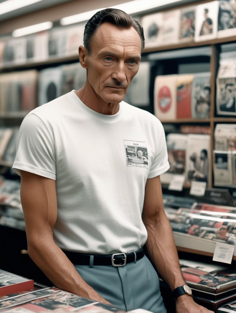 Extremely detailed photographic image, grained image, beautifully composed, monochrome image, 50's fashionable image, fashionable magazine photography, leica summicron 35mm f2.0, kodak 400tx, fashion photography, fashionable model, william s. burroughs, man wearing blank white T-Shirt in Clothing Store Mockup, mock up