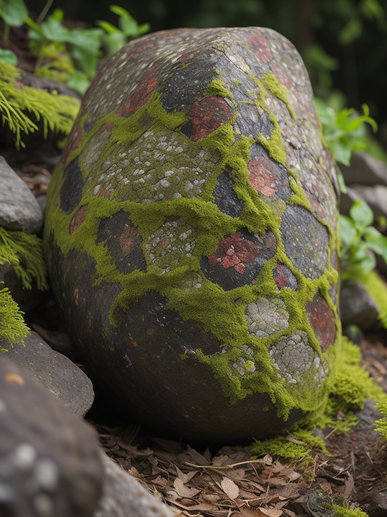 Envision a hyper-realistic, high-resolution image capturing the fascinating sight of a rock that is not just alive, but artistic. The rock is nestled in a vibrant garden, its surface adorned with a mosaic of colorful lichens and moss that form intricate patterns, giving it the appearance of a living sculpture. The colors should be a mix of the earthy tones of the rock and the vibrant hues of the lichens and moss. The composition should be a close-up shot, focusing on the rock and capturing every detail of its artistic surface.