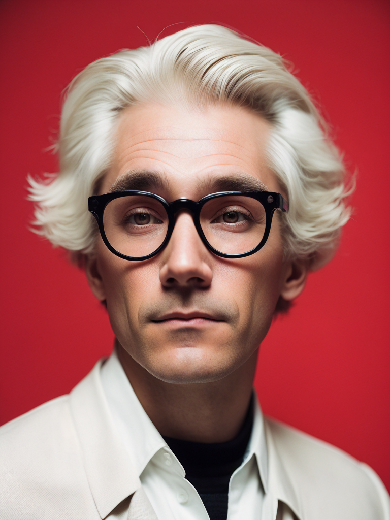 Portrait of an American man in a light suit with white hair wearing glasses with black thick rims, portrait in the style of advertising 50s, red background, sharp focus, highly detailed, vintage advertising, retro style