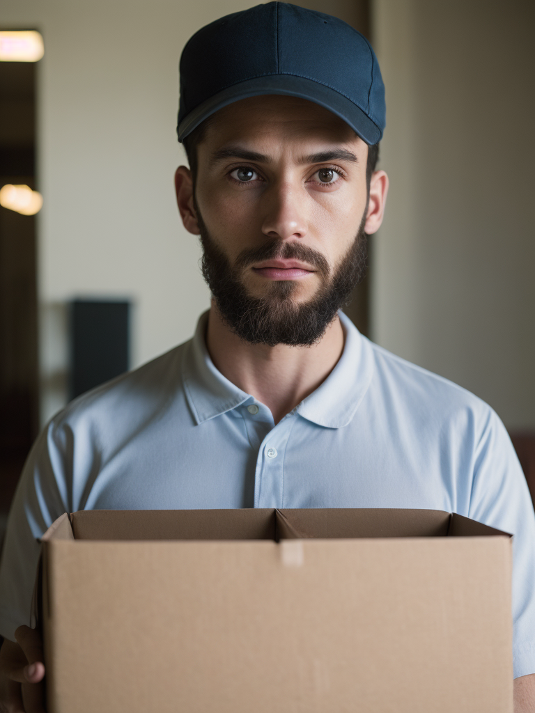 portrait of a delivery man, wearing a white cap and white t-shirt, holding a box