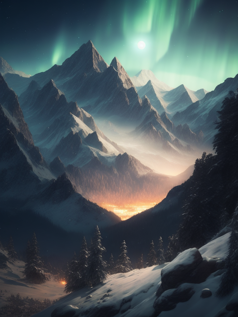 Ethereal aurora borealis over a snowy mountain range, with a full moon shining in the background, mystical, peaceful, serene, winter landscape, high detail