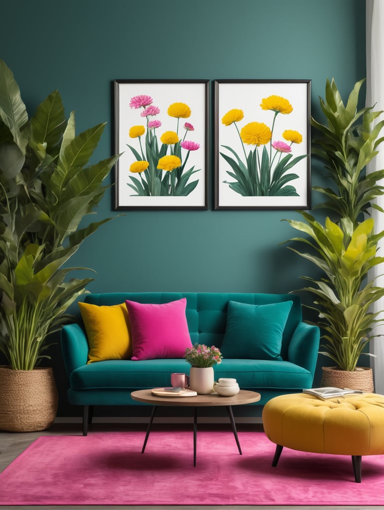 Mockup for two frames of 24x36 in. posters, hanging on a wall painted dark teal color, in a french modern country style livingroom, hot pink sofa and yellow pillows, many plants and flowers, bright livingroom