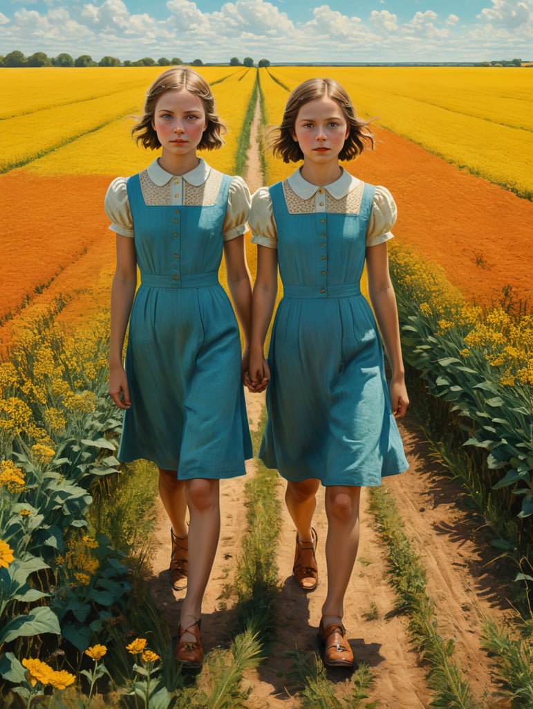 Vintage portrait of two girls wearing a simple dress in a yellow field, clear blue sky, complementary colors, Wes Anderson style, Incredibly high detail, Muted colors, turquoise color, orange color, red color