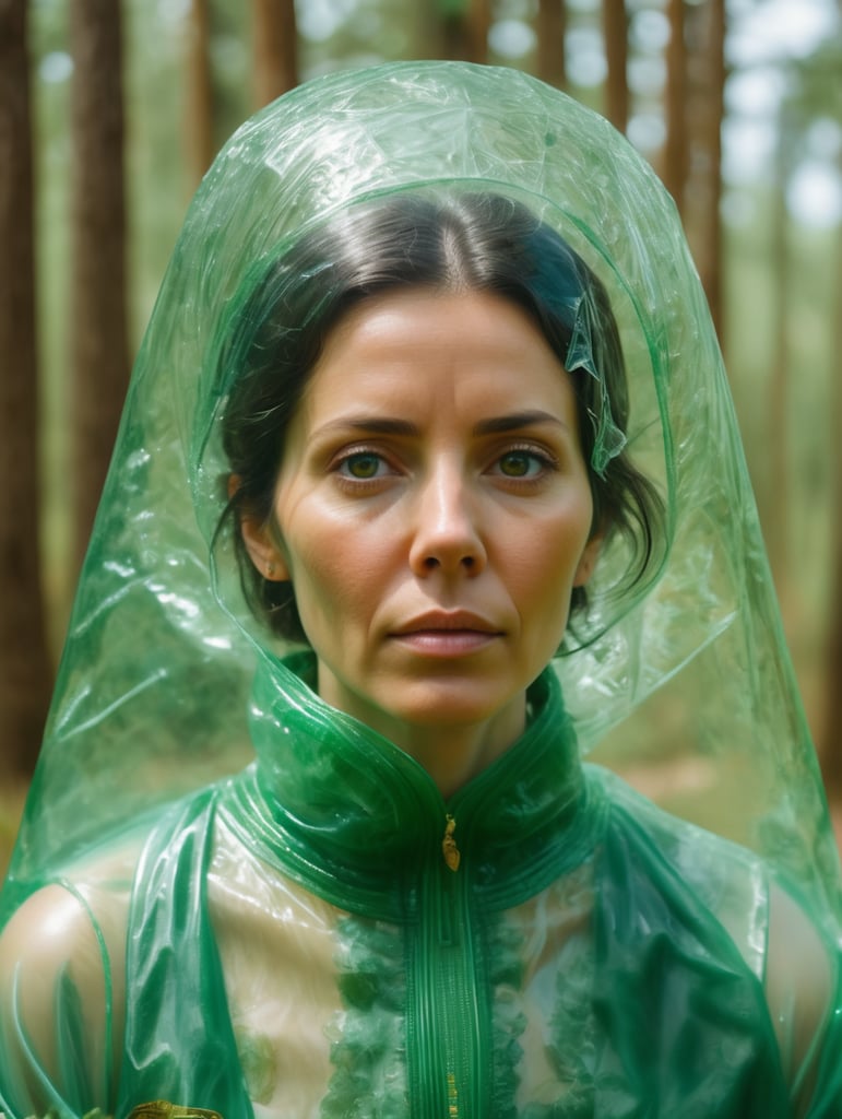 Portrait of a woman experiencing spiritual experience, wrapped green transparent plastic, Wes Anderson style