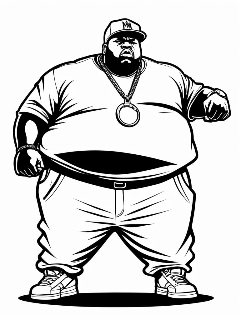 angry fat black rapper, in the style of basic simple line art vector comic art on white background
