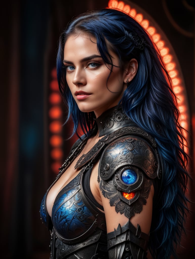fierce warrior woman, metal armor with light fabrics, black and blue hair, blue eyes, red light textured background, tattoo