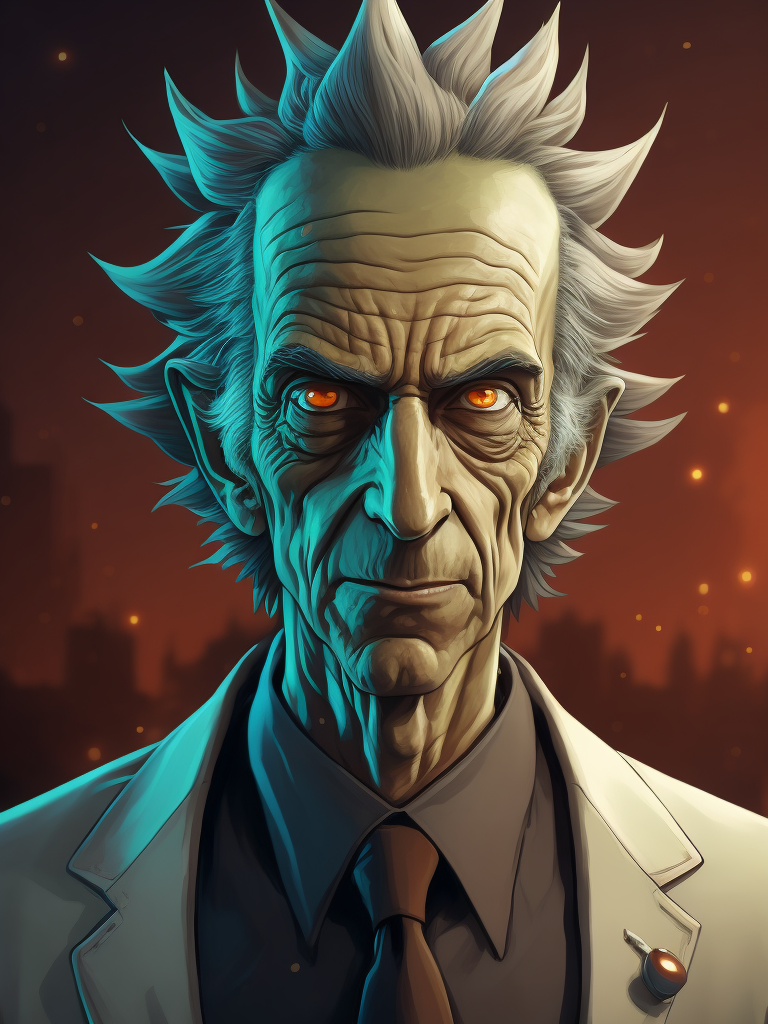 Dibujo de Rick Sanchez, al estilo de Rick and Morty, caracterizado como operador de bolsa