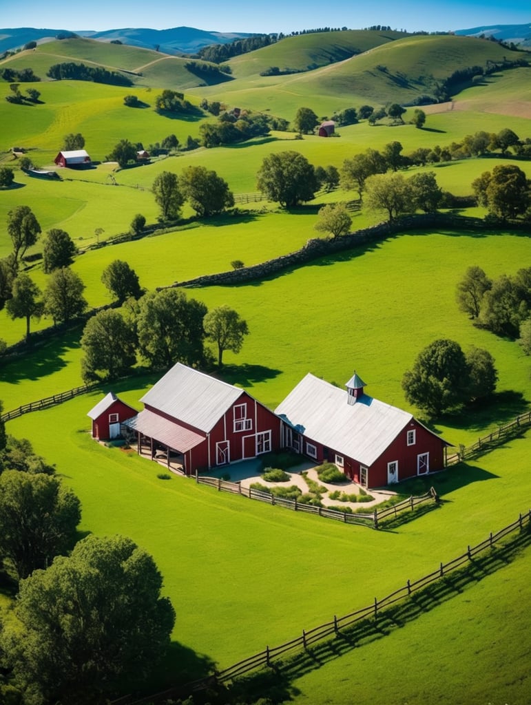 hirsute in the style of Quaint farm with rolling hills and grazing livestock