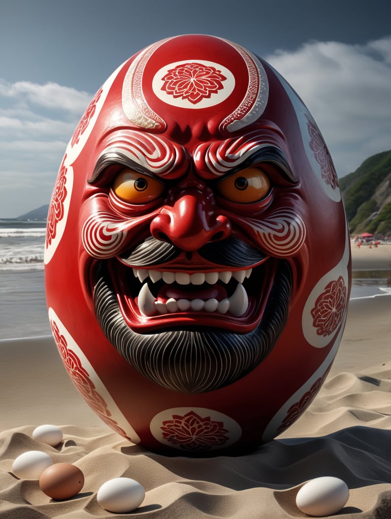 Japanese happy red and white dominated daruma figure as an egg. Situated on a beach close to the sea. Left eye is blanc.