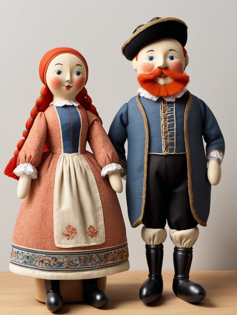 A pair of anthropomorphic dolls in the style of Dutch tradition, soft sculpture, historical subjects, Danish design, folklore theme, colorful caricature