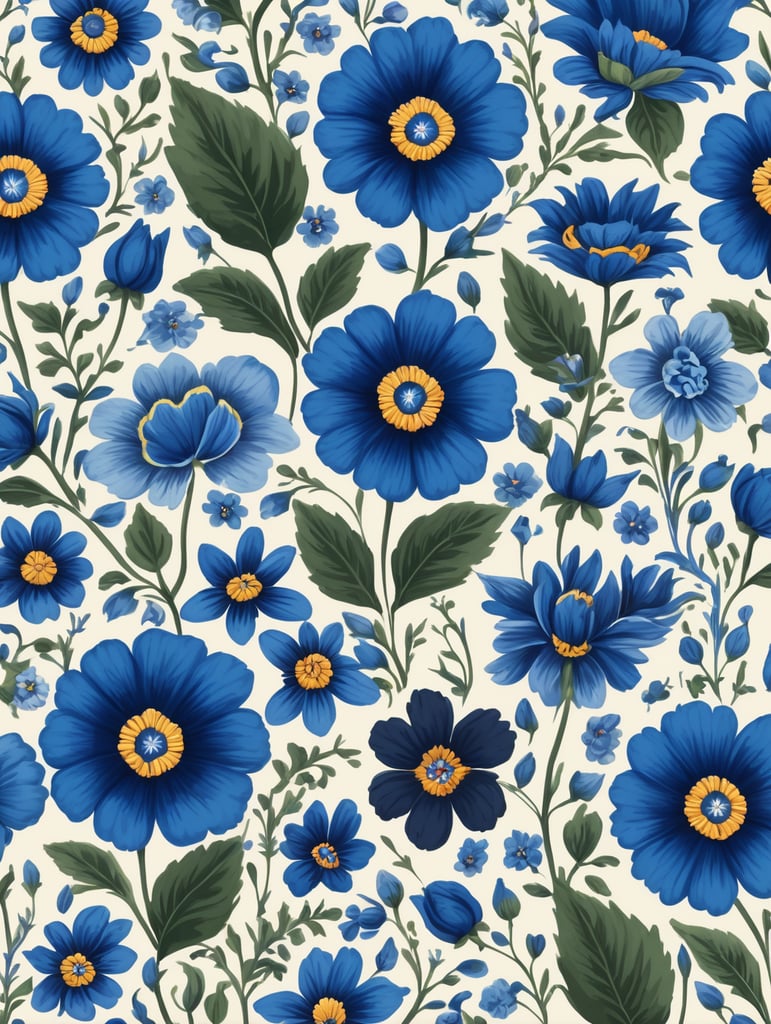 Seamless pattern beautiful floral pattern with blue flowers in the background, in the style of polish folklore motifs, juliana nan, mexican folklore - inspired, tivadar csontváry kosztka, clara peeters, texture exploration, blue color scheme, blue pallete, amoled, 264k render HD