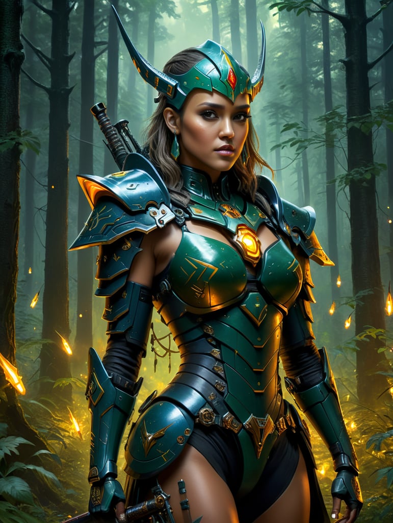 jessica alba as an eldar aspect warrior from warhammer 40k walking though a forest in the evening fireflies in the trees cyberpunk style