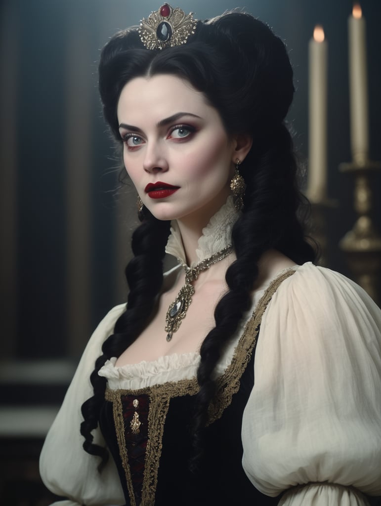 A dark haired, gorgeous pale skinned woman in 18th century dark russian aristocrat attire, (1980s dark fantasy cinematography:1.5), (1980s horror screen grab:1.5), realistic detail photography, grotesque vampire, film grain, dramatic lighting, (vampire fangs:1.2)