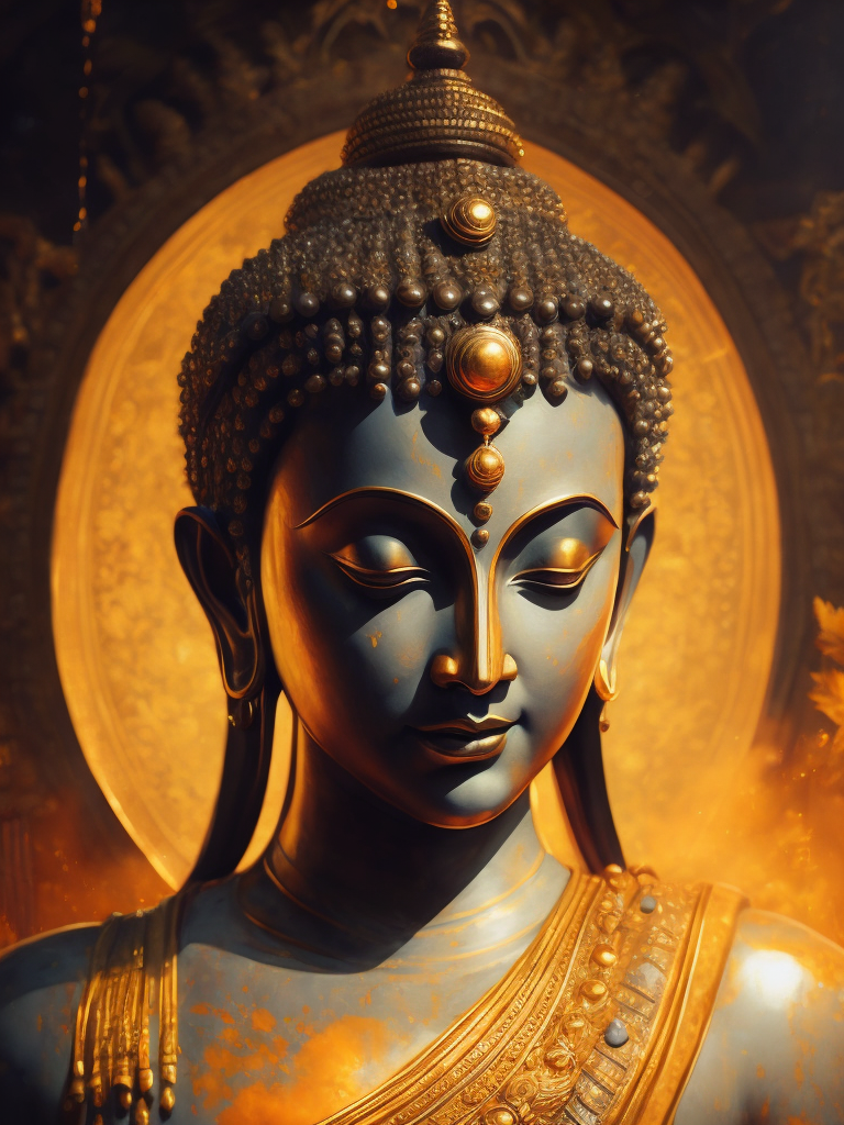Golden statue of Buddha on the background of the temple decorated with gold, detailed background, highly detailed, sharp focus, Dramatic Lighting, Depth of field, Incredibly high detailed