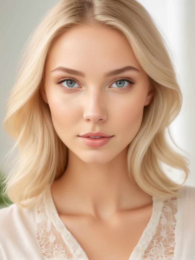 Beautiful girl with perfect facial features, downblouse, blonde