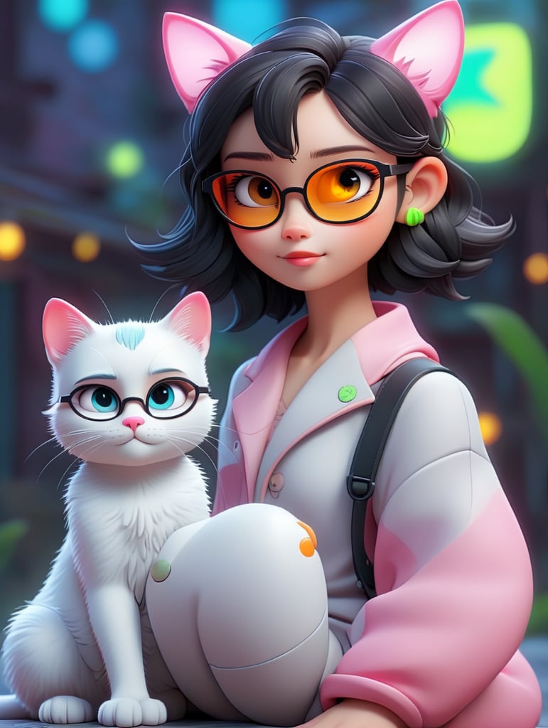 Premium AI Image, modern anime character of Chinese girl AI generated, neon, sunglasses, small cat, lizard