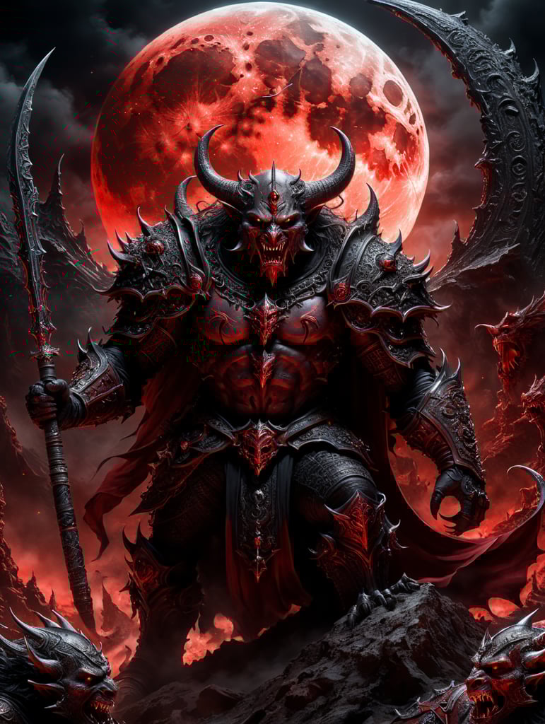 Demons on the moon in black and red colors in medieval style, banner with many details.