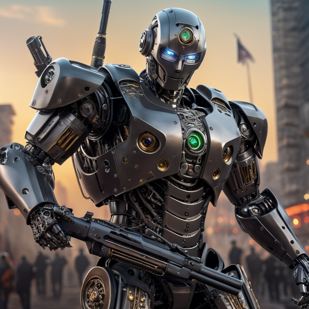 humanoid robot, hacker, rifle mafia style, realistic art, illustration, isolated bokeh background, 4k