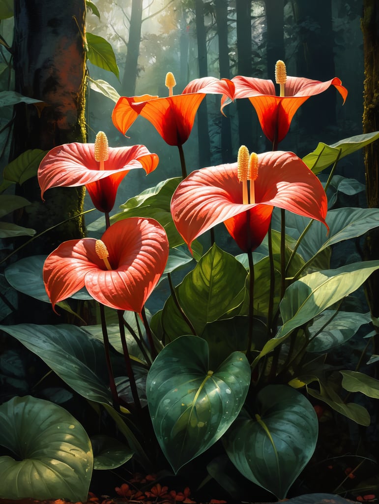 anthurium flowers growing in a lush forest
