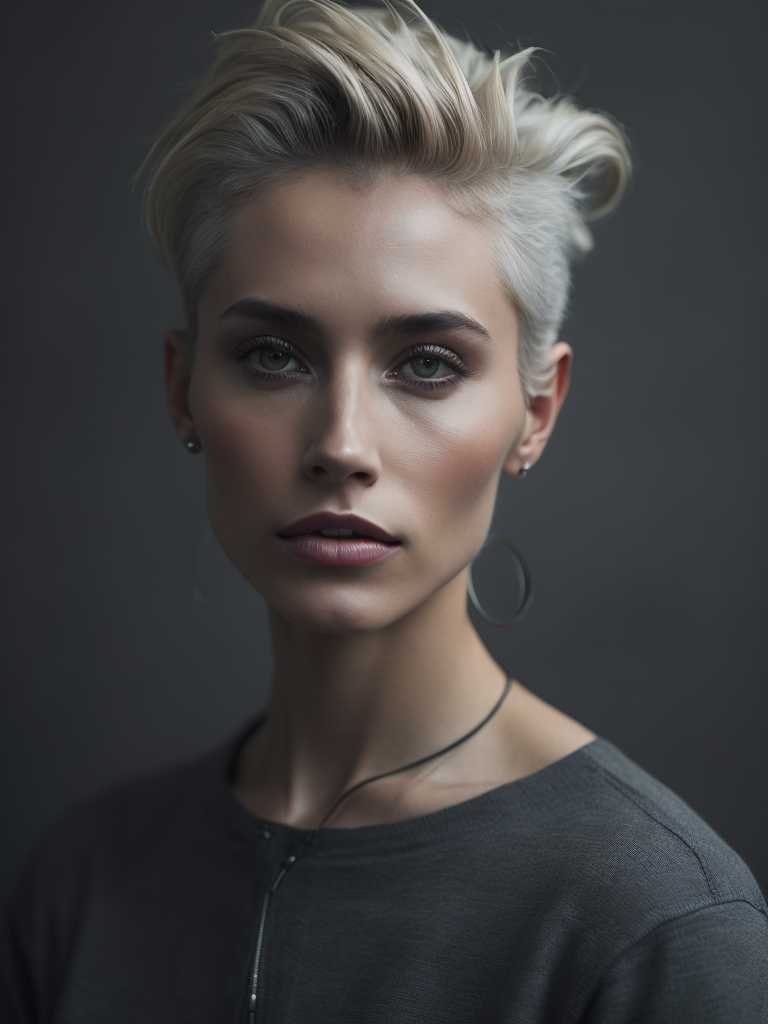 a 42 yo woman, blonde, (hi-top fade:1.3), dark theme, soothing tones, muted colors, high contrast, (natural skin texture, hyperrealism, soft light, sharp)