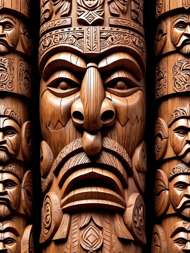 viking's wooden totem pole, viking faces carved, animals carved, traditional ornament around