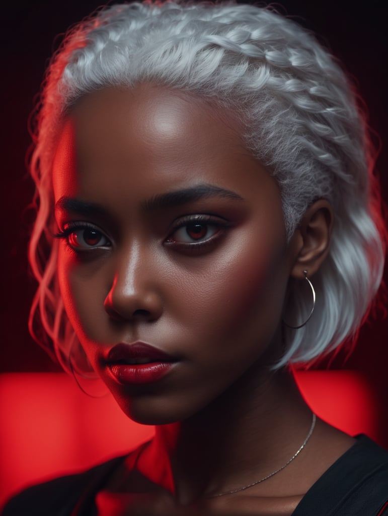 black girl on a red background, red light reflection on her face, White hair