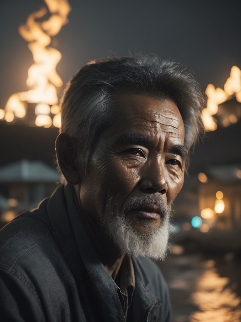 A close-up of a Vietnamese old man's face, illuminated by the light of a fire, with a backdrop of a dirty river and a shanty town.