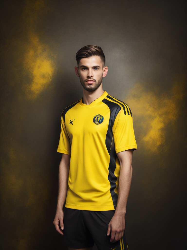 Portrait of soccer english player 1900, yellow and black shirt, whole body, bright and saturated colors, elegant, highly detailed, vogue, fashion magazine, sharp focus, Bright expressive makeup, Dramatic Lighting, Depth of field, Incredibly high detailed, blurred background