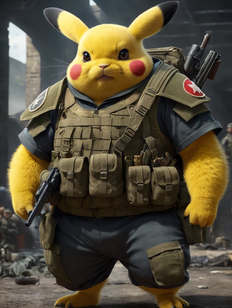 pifatchu the fat brother of pikatchu wear military clothes and hold an AK