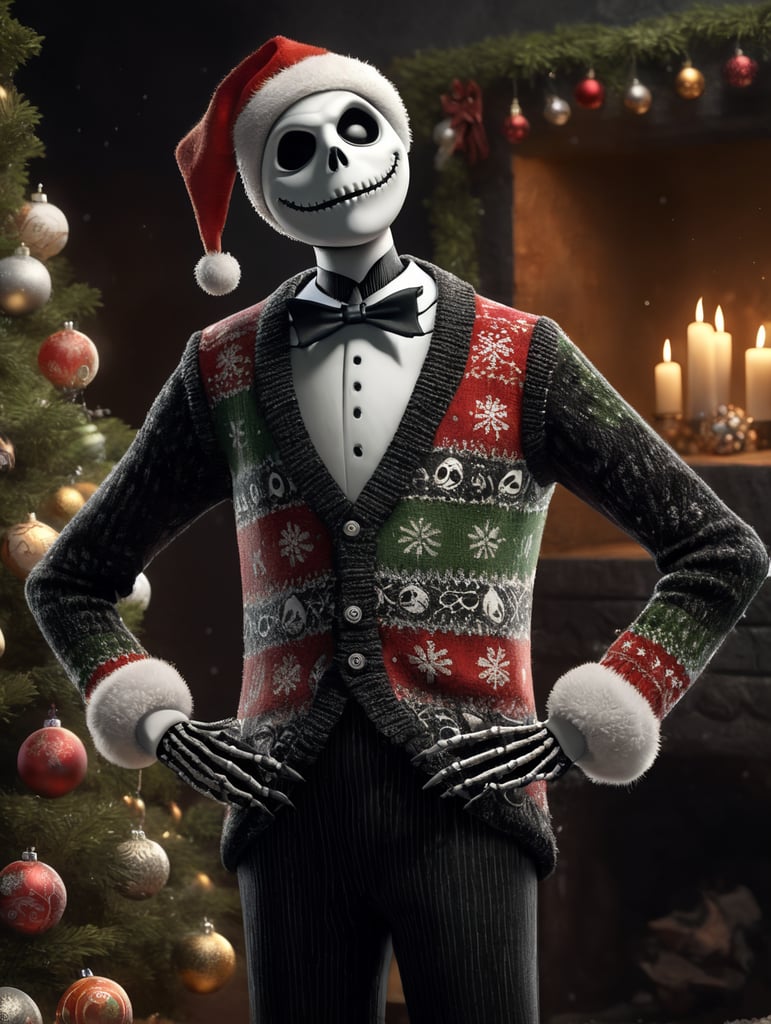Jack Skellington standing wearing an ugly Christmas sweater